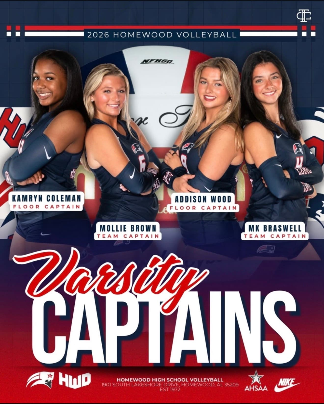 A varsity captains announcement graphic built for a high-school volleyball program