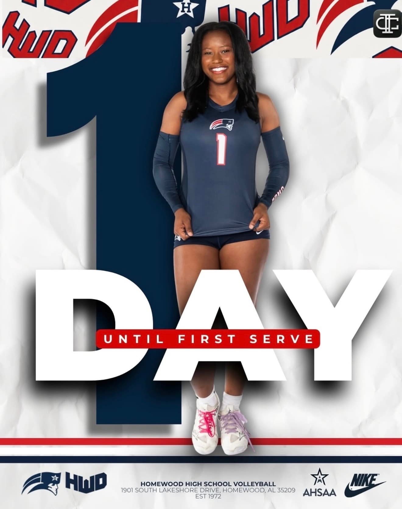 A countdown-to-first-serve graphic built for a high-school volleyball program