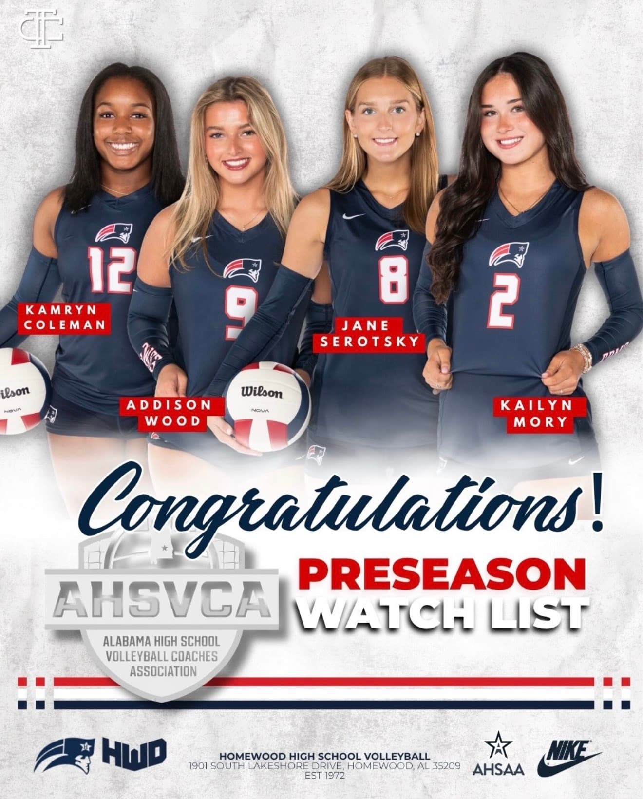 A preseason watch list congratulations graphic built for a high-school volleyball program